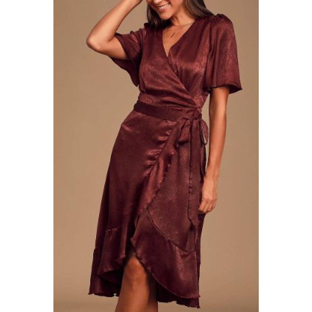 LULU'S XL Wrapped Up In Love Burgundy Satin Faux-Wrap Midi Dress NEW B71